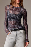 Animal Print Sheer Long Sleeve Blouse