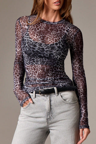Animal Print Sheer Long Sleeve Blouse