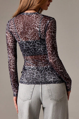 Animal Print Sheer Long Sleeve Blouse