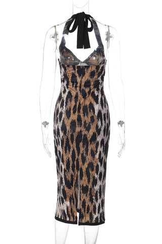 Halterneck Animal Print Evening Dress