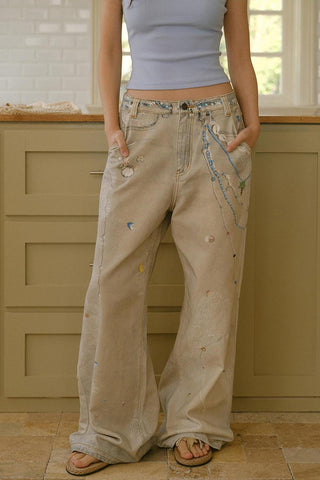 Patterned Straight-Leg Denim Jeans