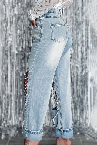 Chain Embellished Distressed Denim Jeans