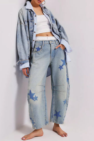 Heart Patterned Wide-Leg Jeans