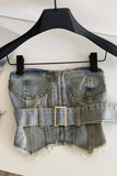 Belted Zip-Front Denim Bustier