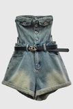 Strapless Button-Front Denim Romper