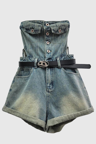 Strapless Button-Front Denim Romper