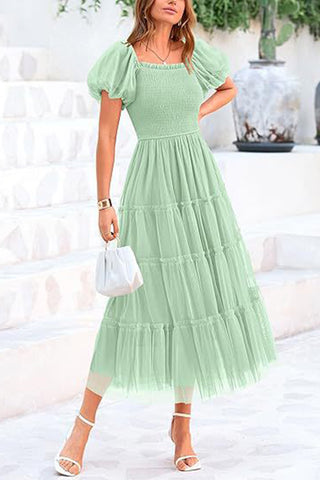 Puff-Sleeve Tiered Midi Dress