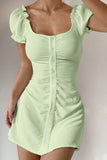 Buttoned Puff Sleeve Casual Dress