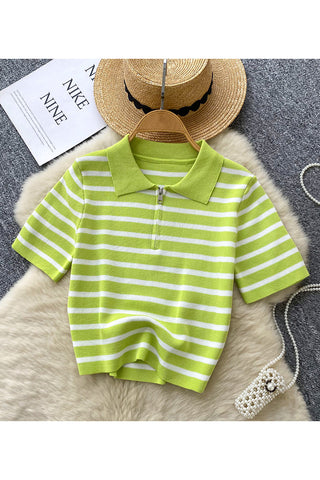 Striped Polo T-Shirt with Zip Detail