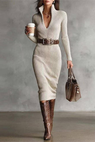 Button-Accent Knit Casual Dress