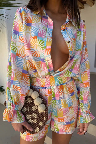 Floral Print Button-Up Shorts Set