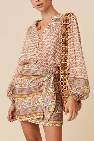 Boho Floral Mixed Print Puff Sleeve Shirt