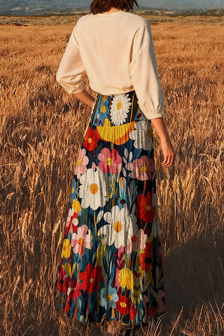 Boho Floral Print Flowy Skirt