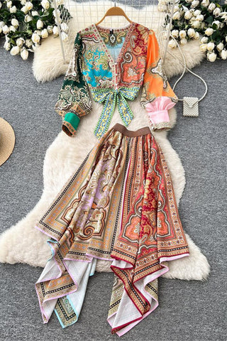 Bohemian Skirt Set with Tie-Front Blouse