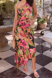 Floral One-Shoulder Pleated Dress