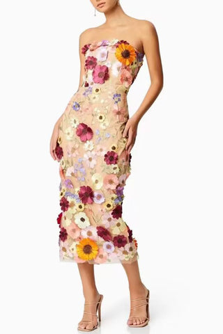 Strapless Floral Embellished Midi Dress