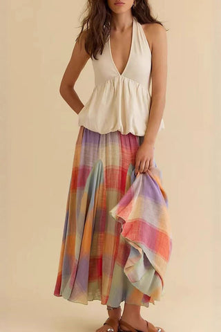 Pleated Checkered Midi Skirt
