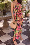 Floral One-Shoulder Pleated Dress