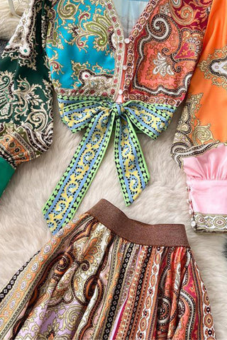 Bohemian Skirt Set with Tie-Front Blouse
