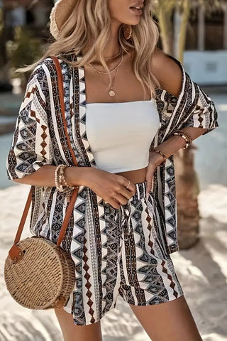 Patterned Kimono and Shorts Set