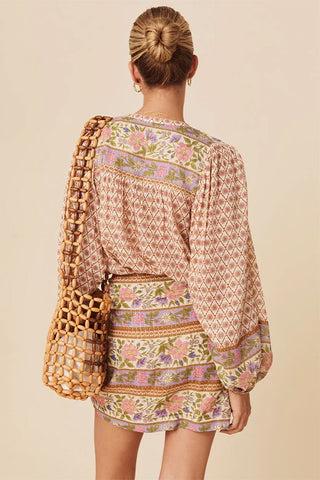 Boho Floral Mixed Print Puff Sleeve Shirt