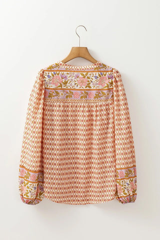 Boho Floral Mixed Print Puff Sleeve Shirt