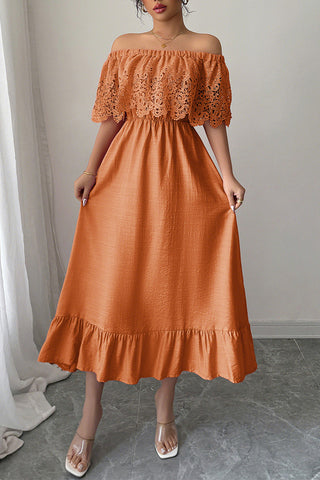 Off-Shoulder Eyelet Casual Midi Dress