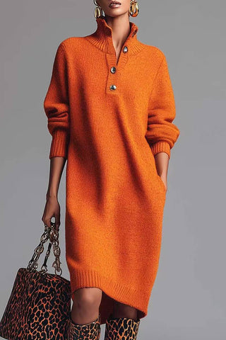 Button-Accent Knit Casual Dress