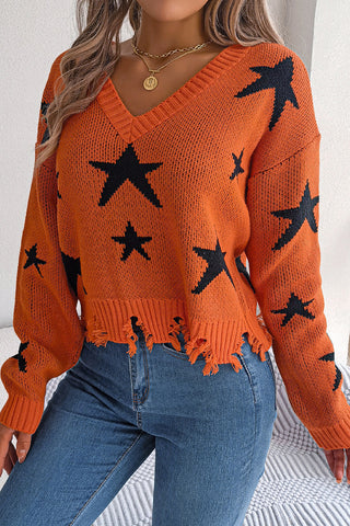 Star-Patterned Distressed Hem Sweater