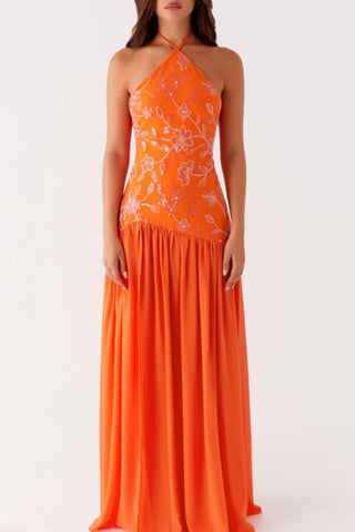 Halter Neck Floral Evening Gown