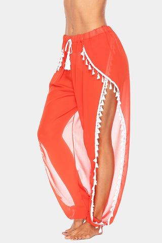 Tassel Trim Split-Leg Pants