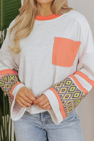 Patterned Sleeve Pocket Sweatshirt