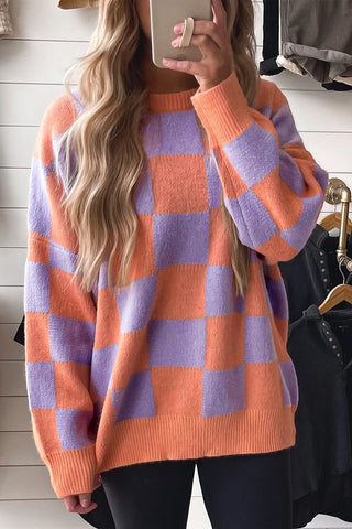 Checkered Pattern Ribbed Trim Sweater