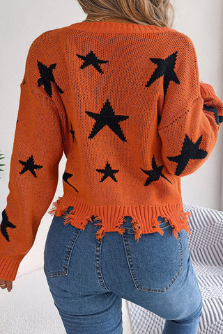 Star-Patterned Distressed Hem Sweater
