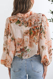 Ruffled Neck Floral Chiffon Blouse