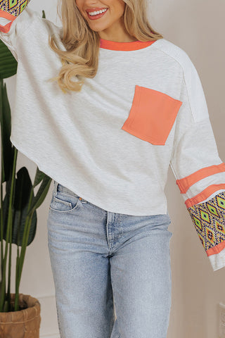 Patterned Sleeve Pocket Sweatshirt