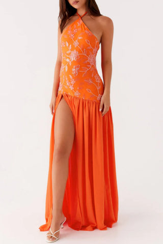 Halter Neck Floral Evening Gown