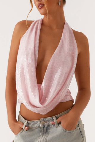 Draped Sequin Halter Top