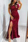 One Shoulder Thigh High Split Bodycon Sequin Gown