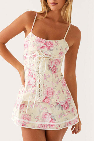 Lace-Up Floral Mini Dress