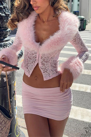 Fur-Trim Lace Skirt Set