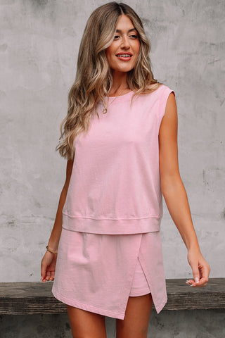 Mint Green 2 Pieces Mineral Wash Cotton Tank Top Lined Split Skirt Set