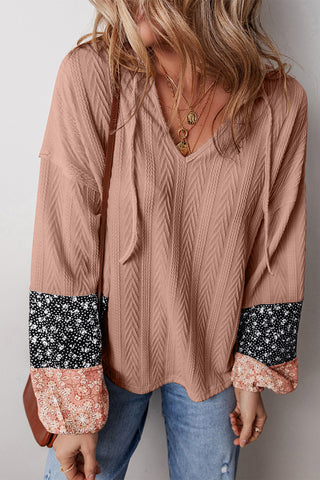 Patterned Sleeve Blouse with V-Neck