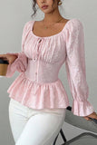 Peplum Long Sleeve Blouse with Tie-Front