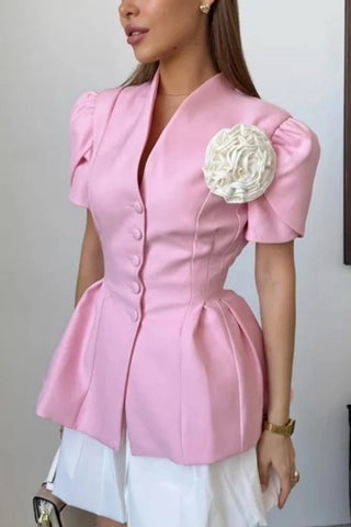 Elegant Button-Up Blazer with Floral Accent