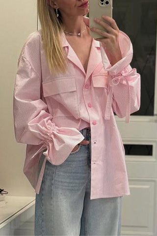 Button-Down Blouse with Tie Sleeve Detail