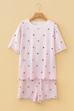 Heart Print Ribbed Knit Shorts Set