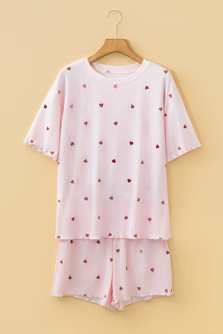 Heart Print Ribbed Knit Shorts Set