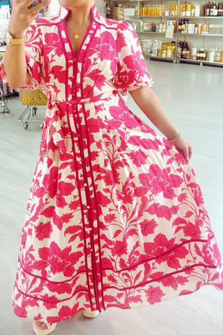 Button Front Floral Long Dress