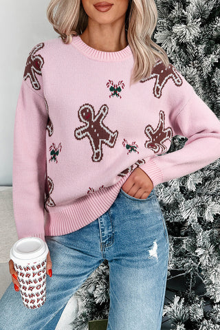 Gingerbread Print Round Neck Sweater